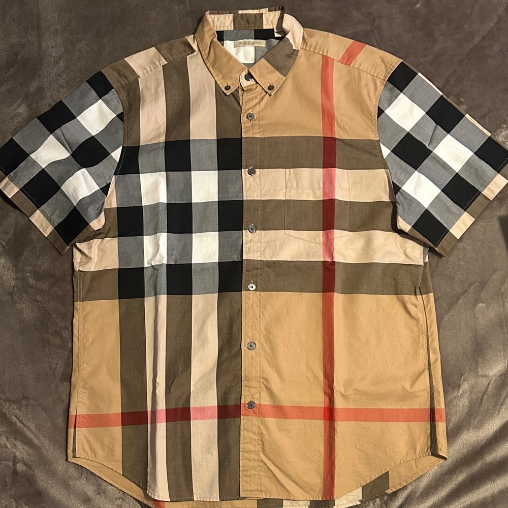 Burberry Tan, Black & White Plaid Short-Sleeve Button-Down Shirt